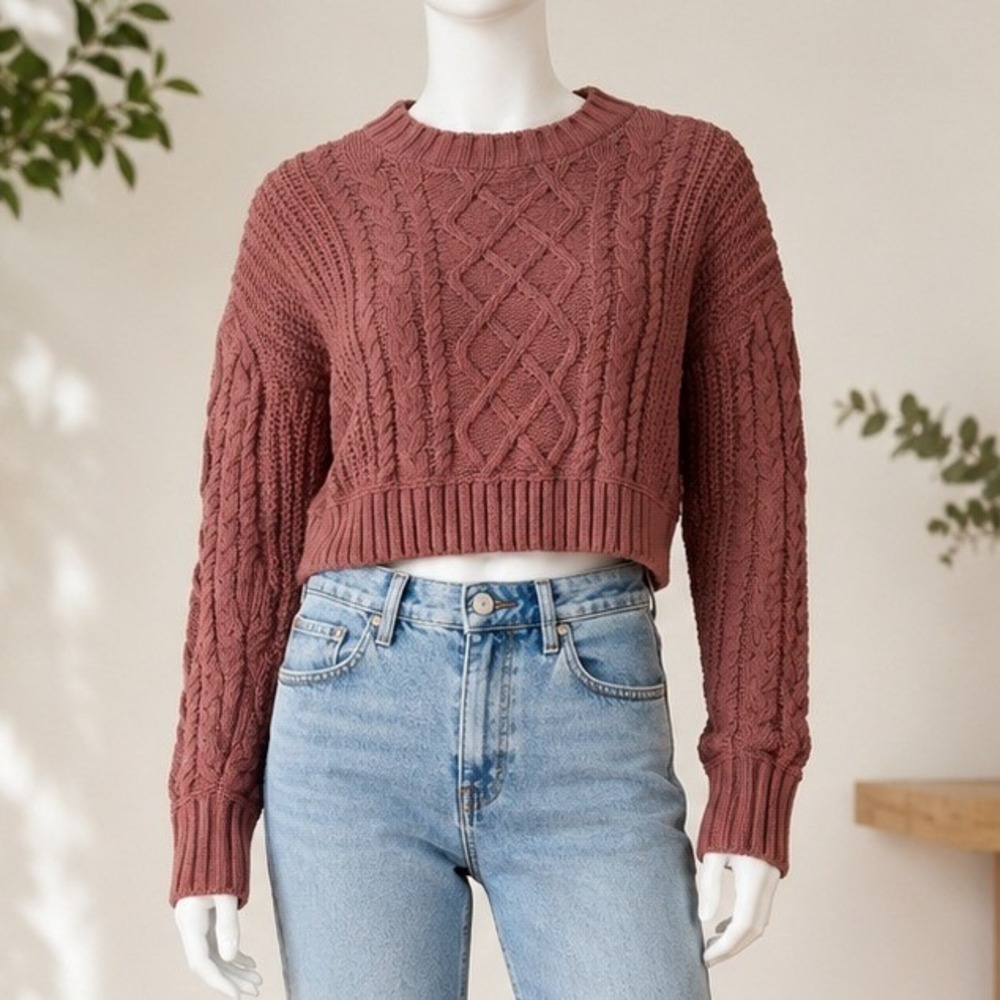 Hippie Rose Womens Sweater Mauve Brown Cable Knit Chenille Cropped Small